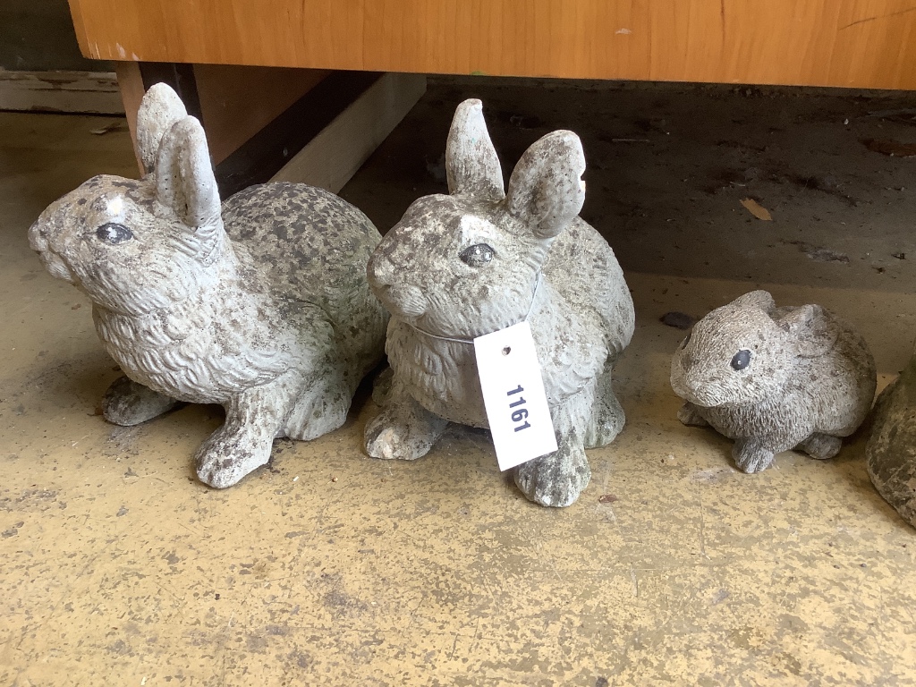 Five reconstituted stone garden animal ornaments, largest 30cm high